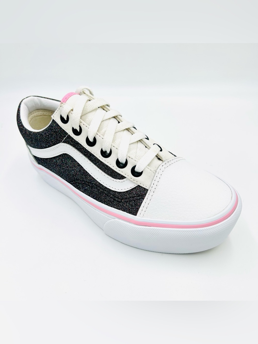 Vans Customs Old Skool Rainbow Glitter Sneakers White Leather Women’s 6
